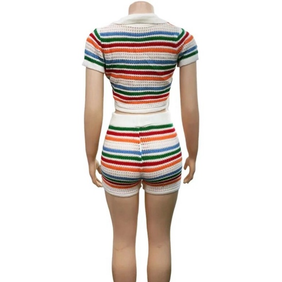 Women’s 2 Piece Set Knitted Multicolor Striped Short Sleeve Top & Shorts NWOT - Picture 7 of 8